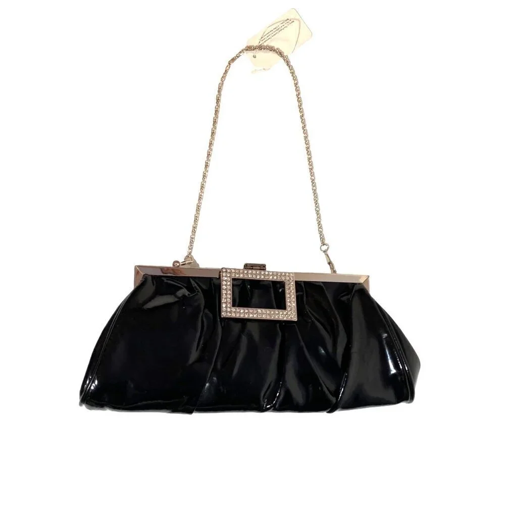 New Black Glossy Convertible Evening Bag Clutch with Rhinestone‎ Closure